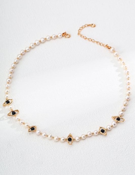 RXY Silver Natural Pearl Onyx Necklace